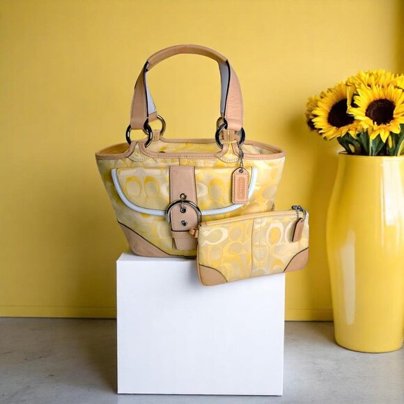 Coach Handbags - Vintage COACH small Tote vachetta leather and wristlet set yellow